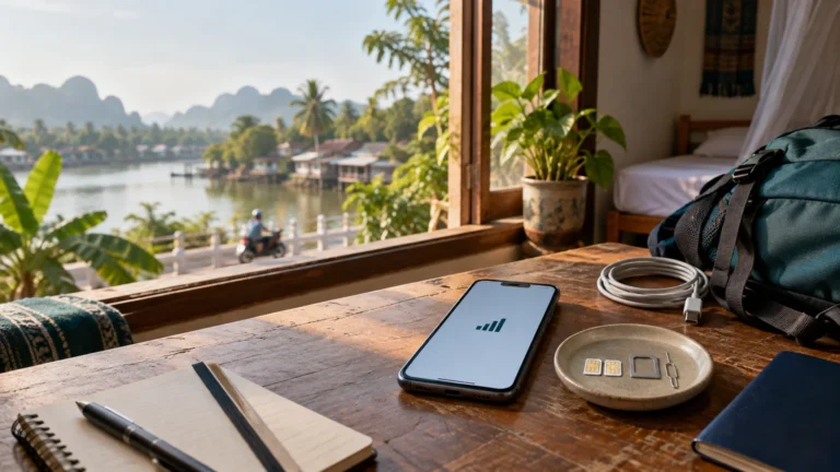 Travel gear on a wooden table beside an open window overlooking a tropical riverside town: a backpack, phone showing signal bars, charging cable, notebook, and two SIM cards with an ejector tool.