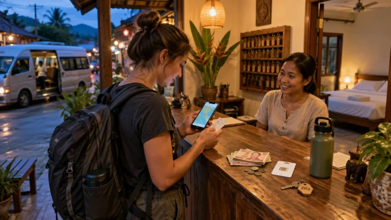 Backpacker checking a phone and cash at a warmly lit guesthouse reception, with a minibus waiting outside at dusk.