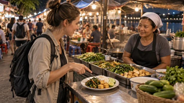 Backpacker choosing tofu and vegetable dishes from a vendor at a busy riverside night market.